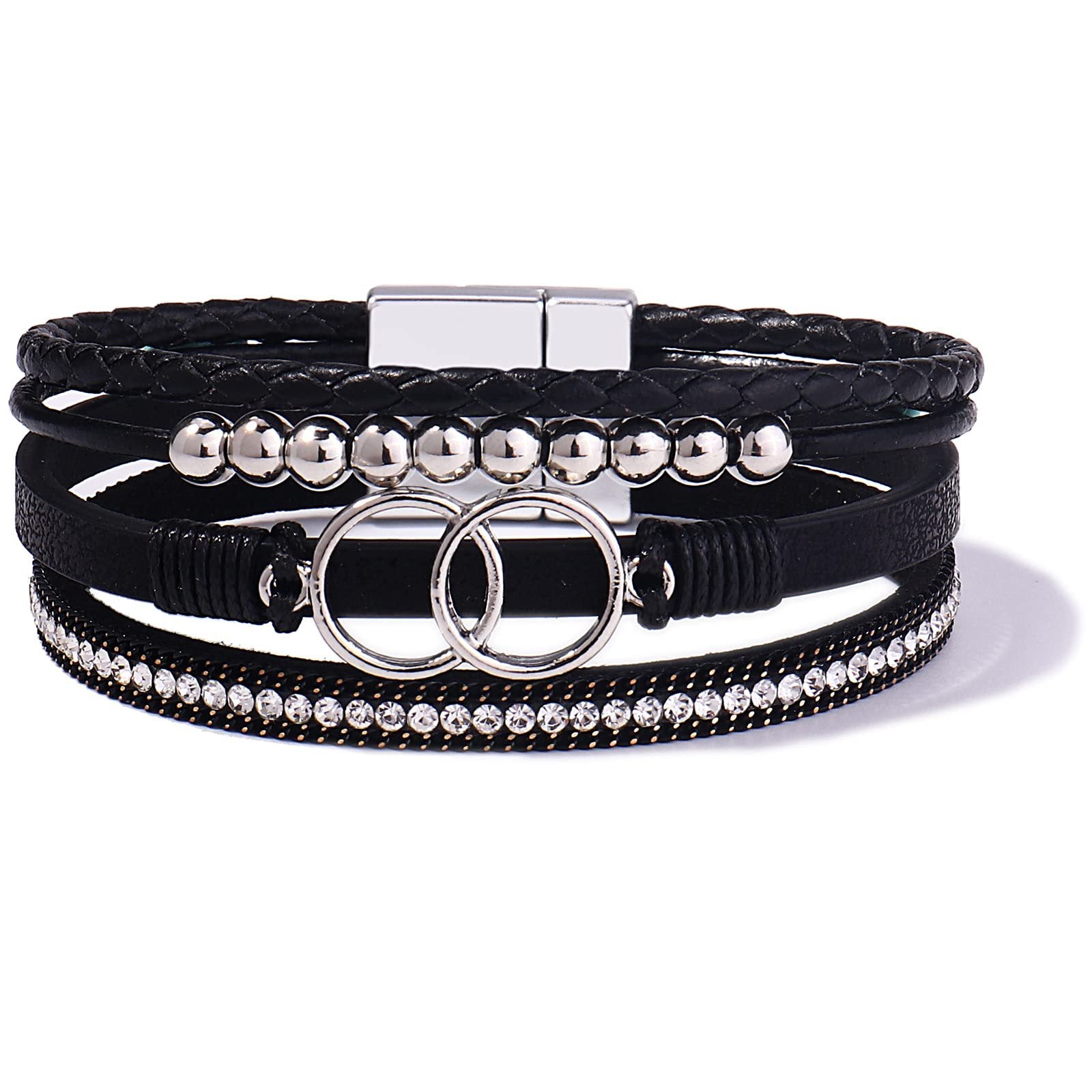 Wholesale Handmade Magnetic Clasp Diamond Encrusted Leather Bracelet